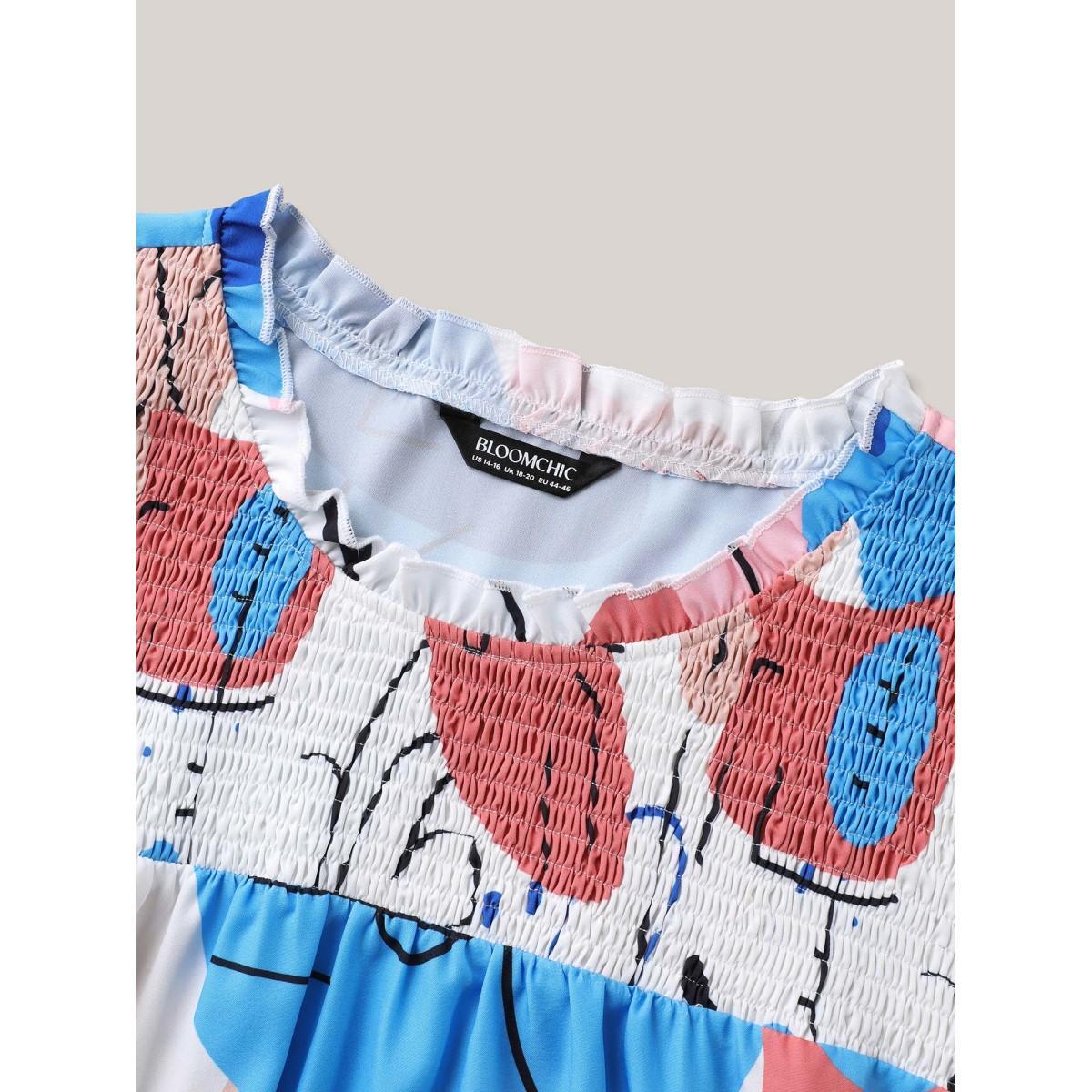 Plus Size Multicolor Whimsical Pattern Shirred Puff Sleeve Blouse Women Short sleeve Stand-up collar Everyday-Elegant Blouses BloomChic 12/L Product Image