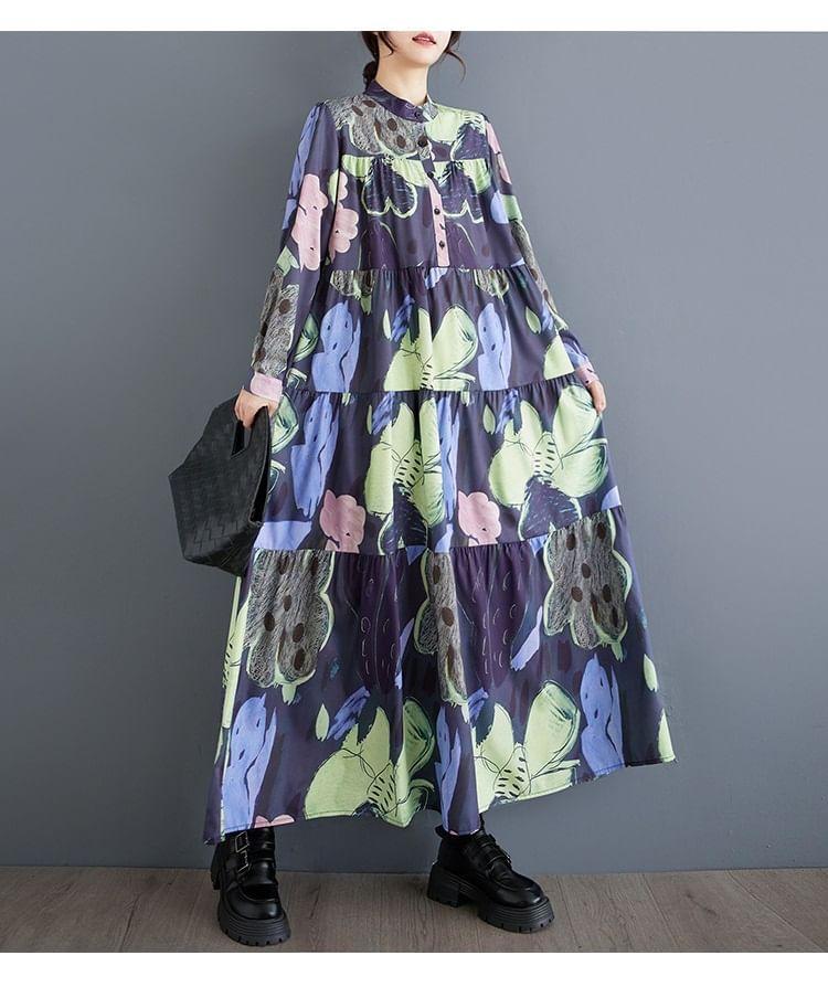 Long-Sleeve Band Collar Floral Tiered Midi A-Line Dress Product Image