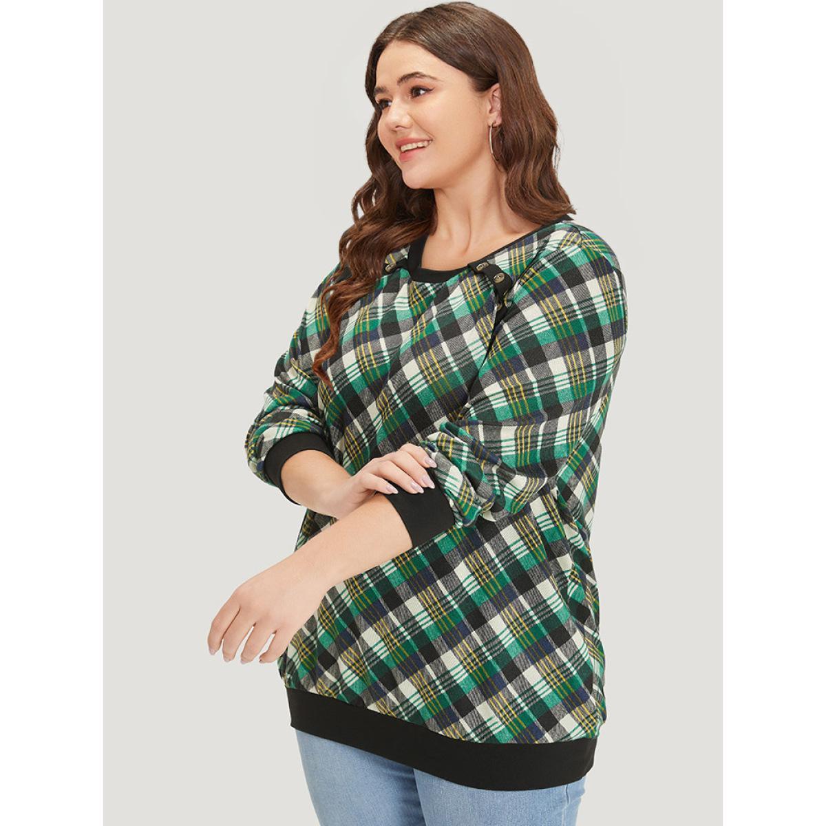 Plus Size Plaid Button Detail Elastic Cuffs Crew Neck Sweatshirt Women Green Casual Elastic cuffs Round Neck Dailywear Sweatshirts BloomChic 18-20/2X Product Image