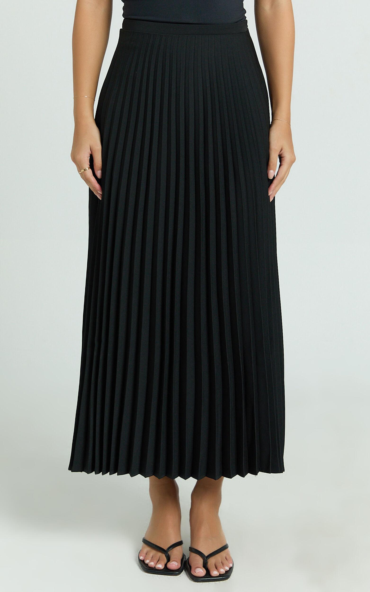 Harlee Midi Skirt - Pleated High Waist A Line Skirt in Black Product Image