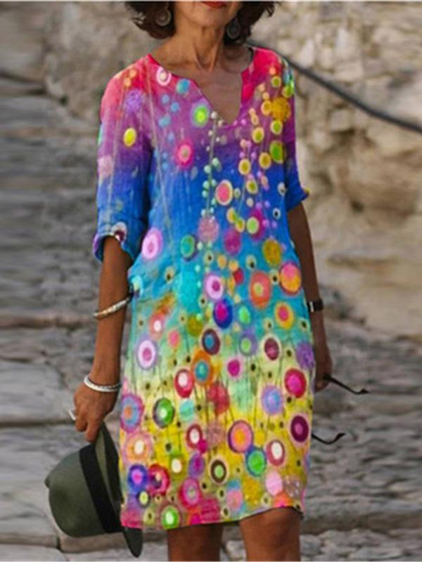 Original Printing V-Neck Short Sleeve Mini Dress Product Image