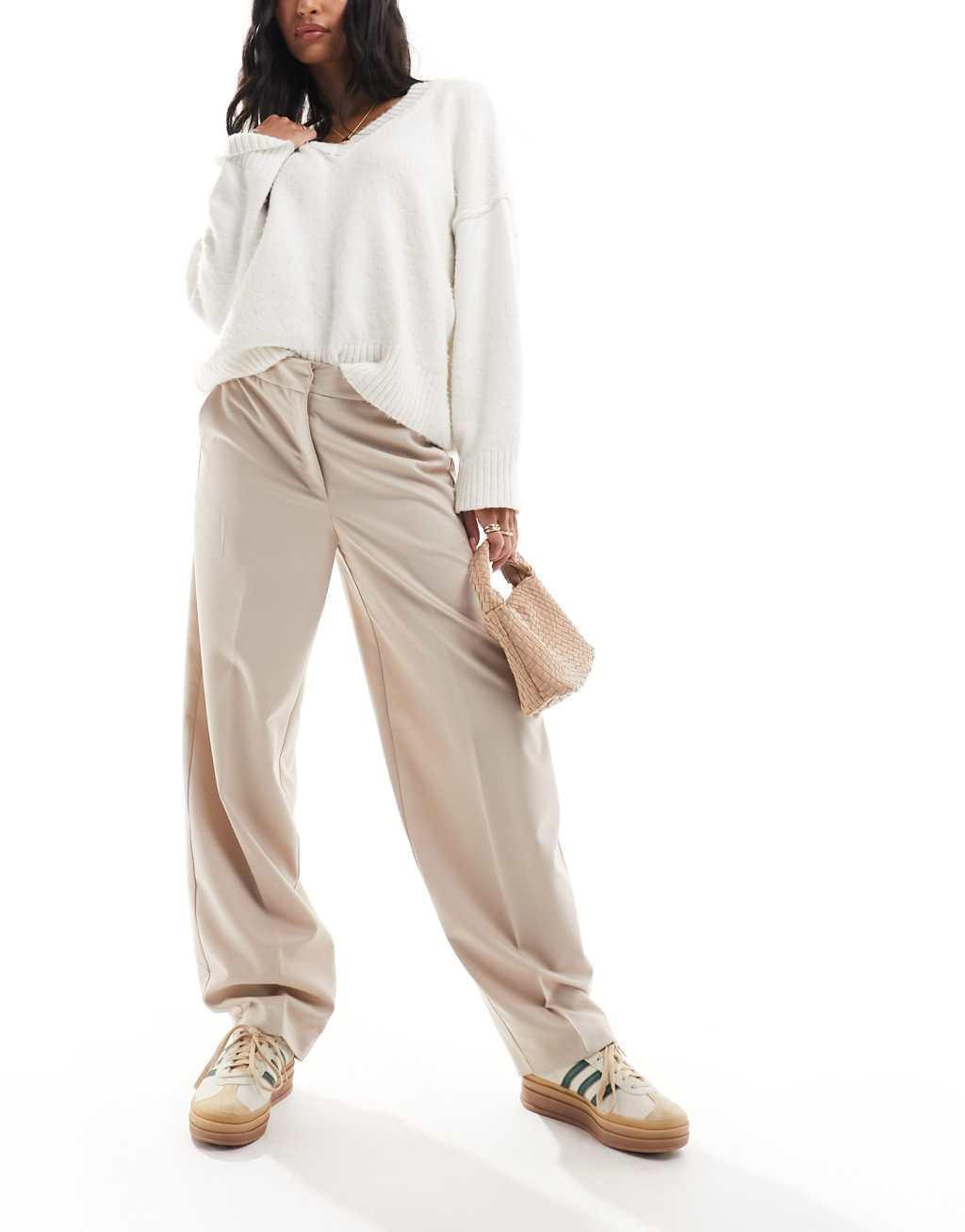 Vila wide tapered leg tailored pants in stone Product Image