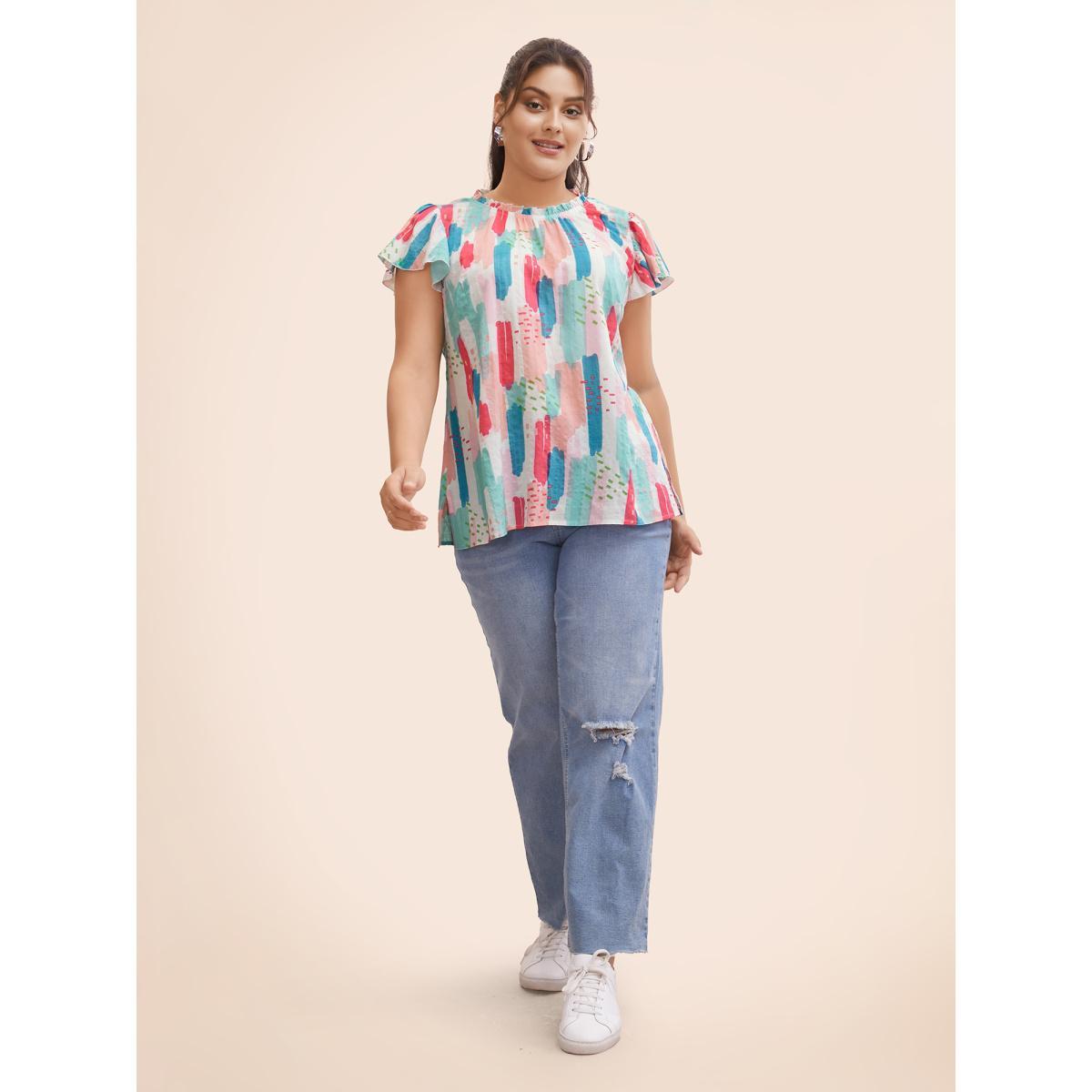 Plus Size Originalwhite Brush Print Split Side Cap Sleeve Blouse Women Elegant Cap Sleeve Stand-up collar Everyday Blouses BloomChic 14-16/1X Product Image