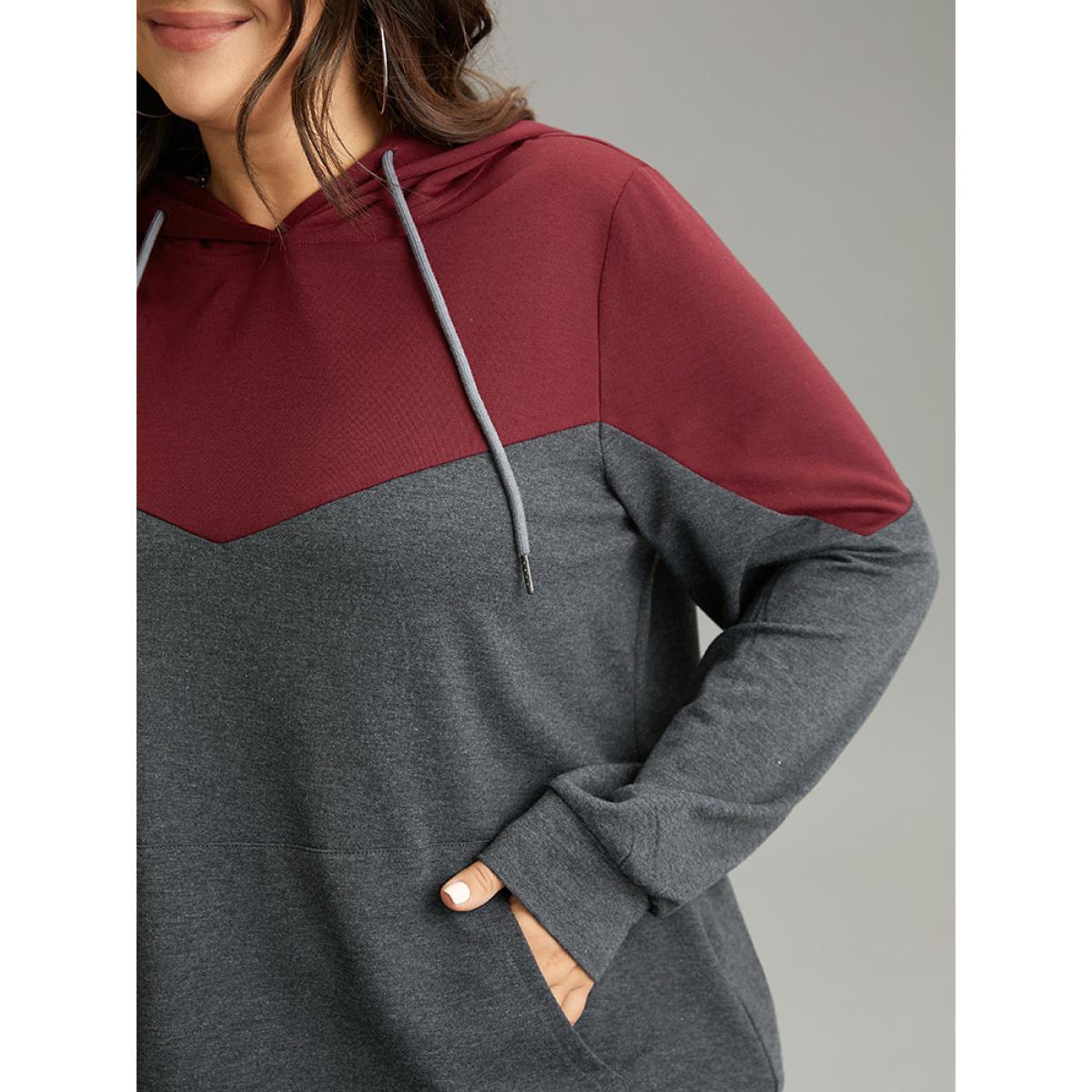 Plus Size Contrast Patchwork Hooded Pocket Drawstring Sweatshirt Women Burgundy Casual Contrast Hooded Dailywear Sweatshirts BloomChic 10/M Product Image