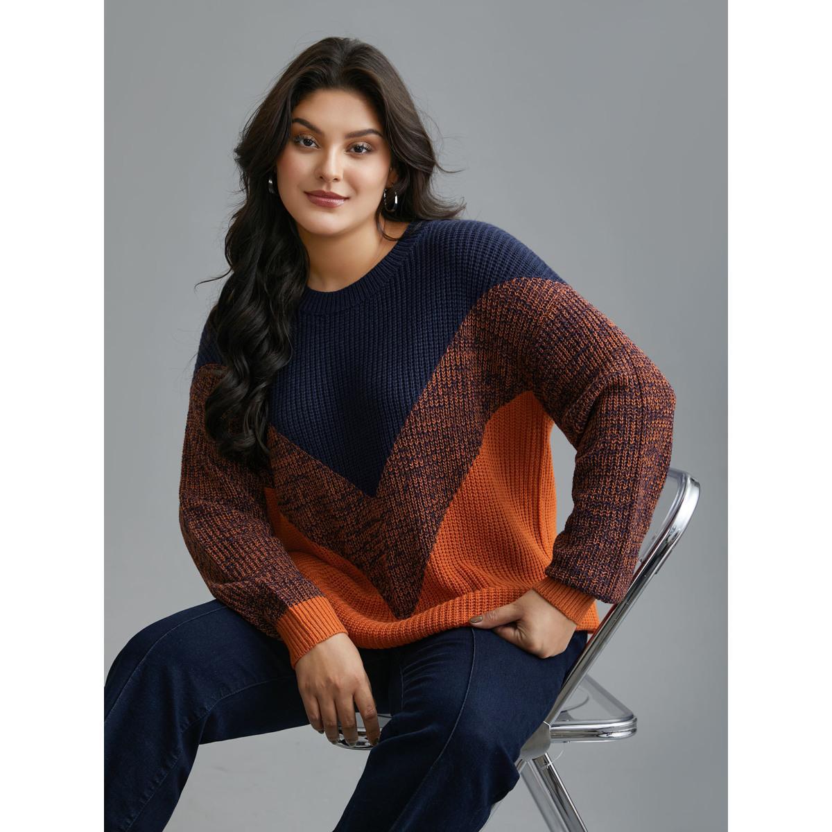 Plus Size Textured Balloon Sleeves Color Block Pullover Indigo Women Casual Loose Long Sleeve Round Neck Everyday Pullovers BloomChic 28/5X Product Image