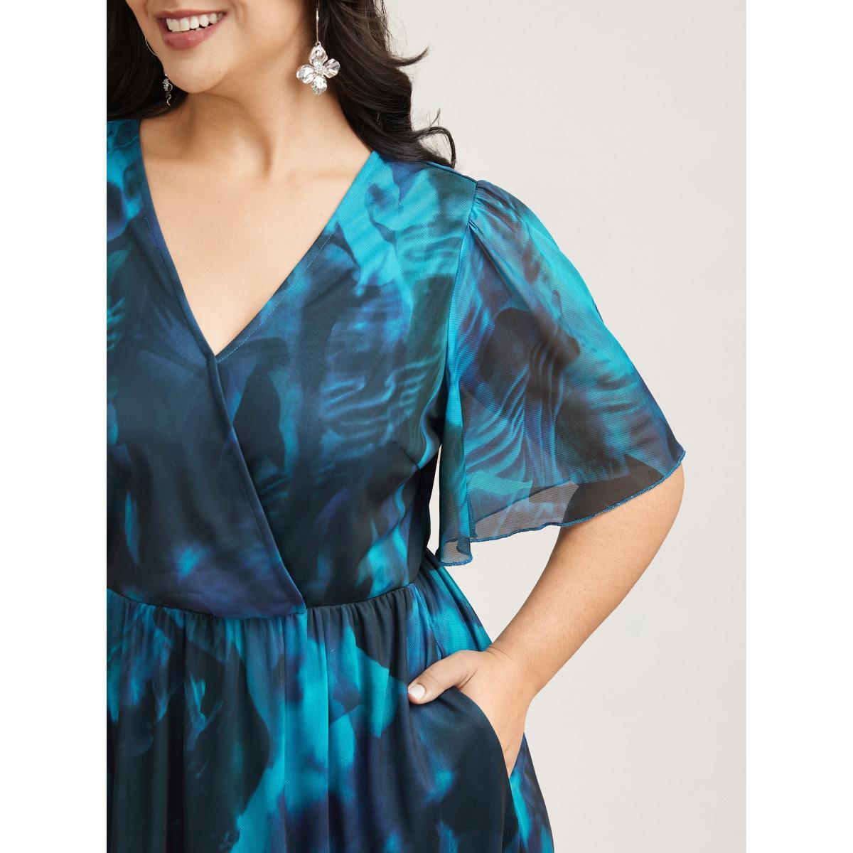 Plus Size Floral Fusion Wrap Neck Midi Dress Mediumblue Women Elegant Gathered Overlap Collar Short sleeve Curvy BloomChic 12/L Product Image