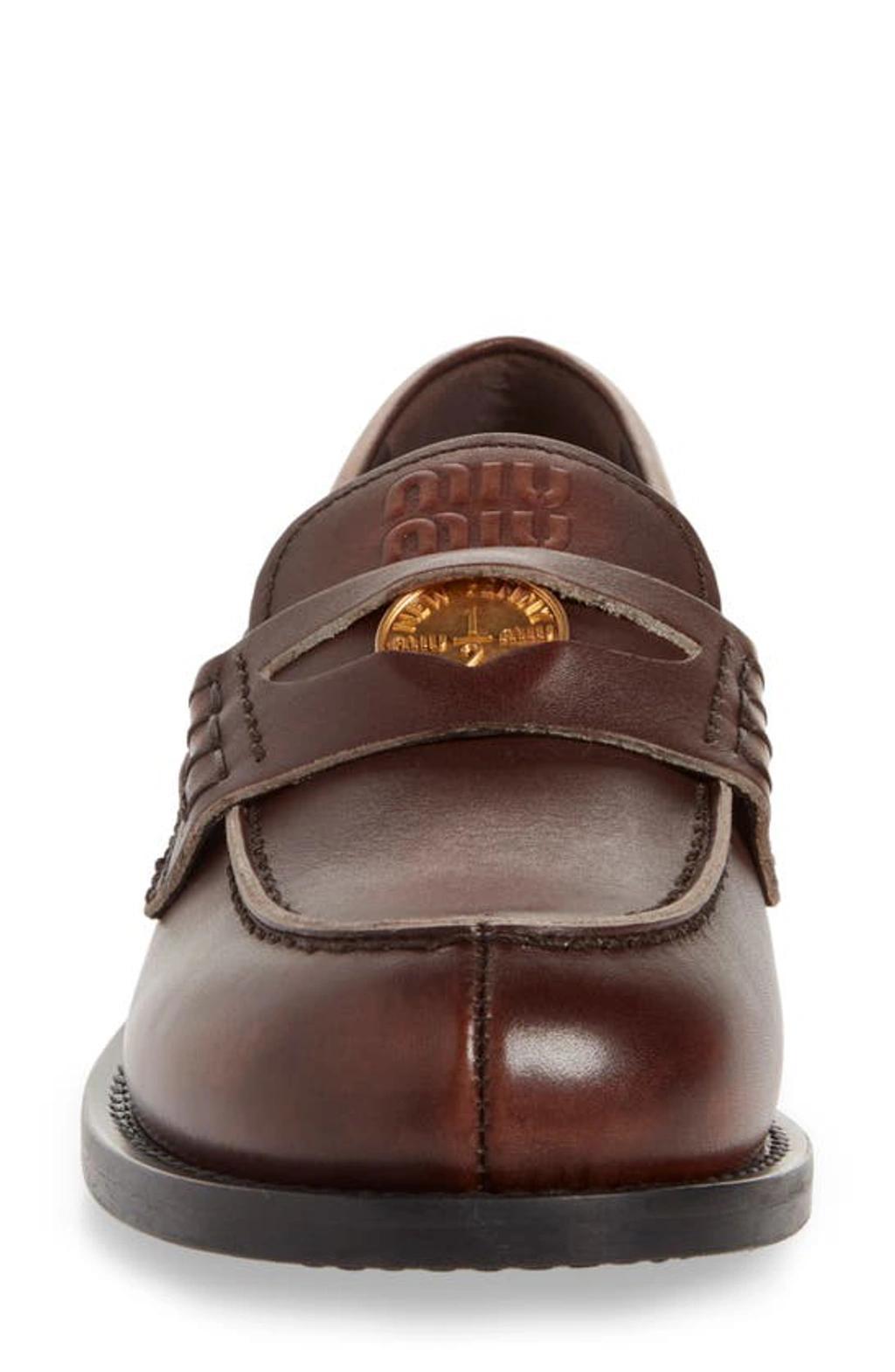 MIU MIU Leather Distressed Penny Loafers In Brown Product Image