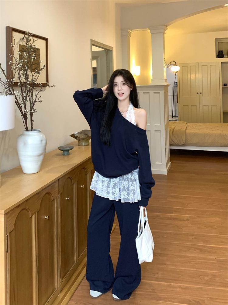 Halter Floral Lace Tank Top / Boat Neck Plain Pullover / Wide Leg Pants Product Image