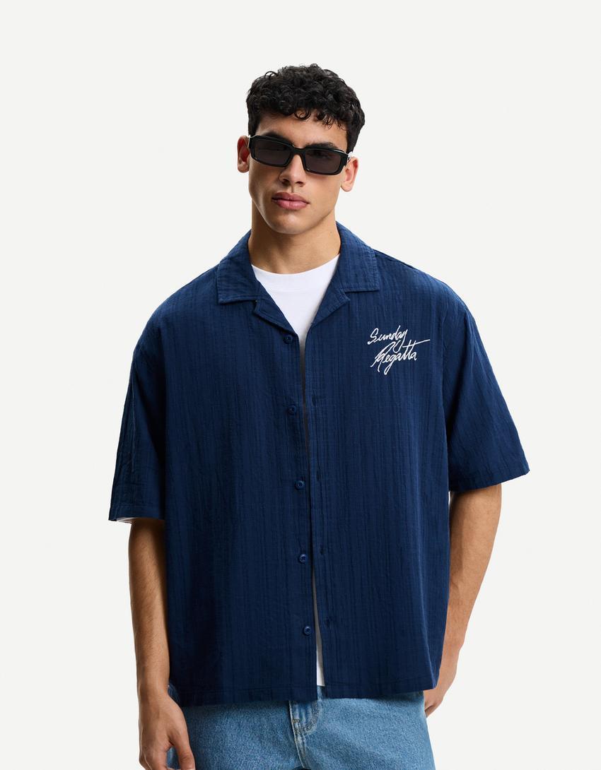 Embroidered short sleeve boxy fit shirt Product Image
