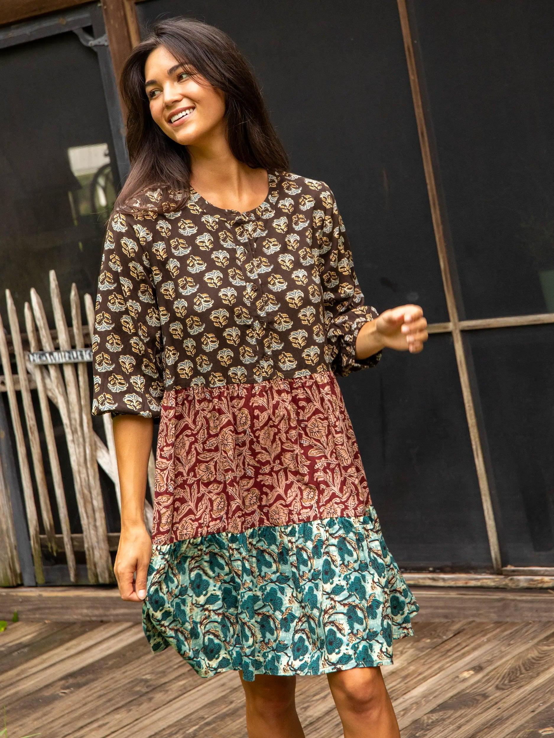 Anita Tunic Dress - Brown Light Teal Mixed Floral Product Image