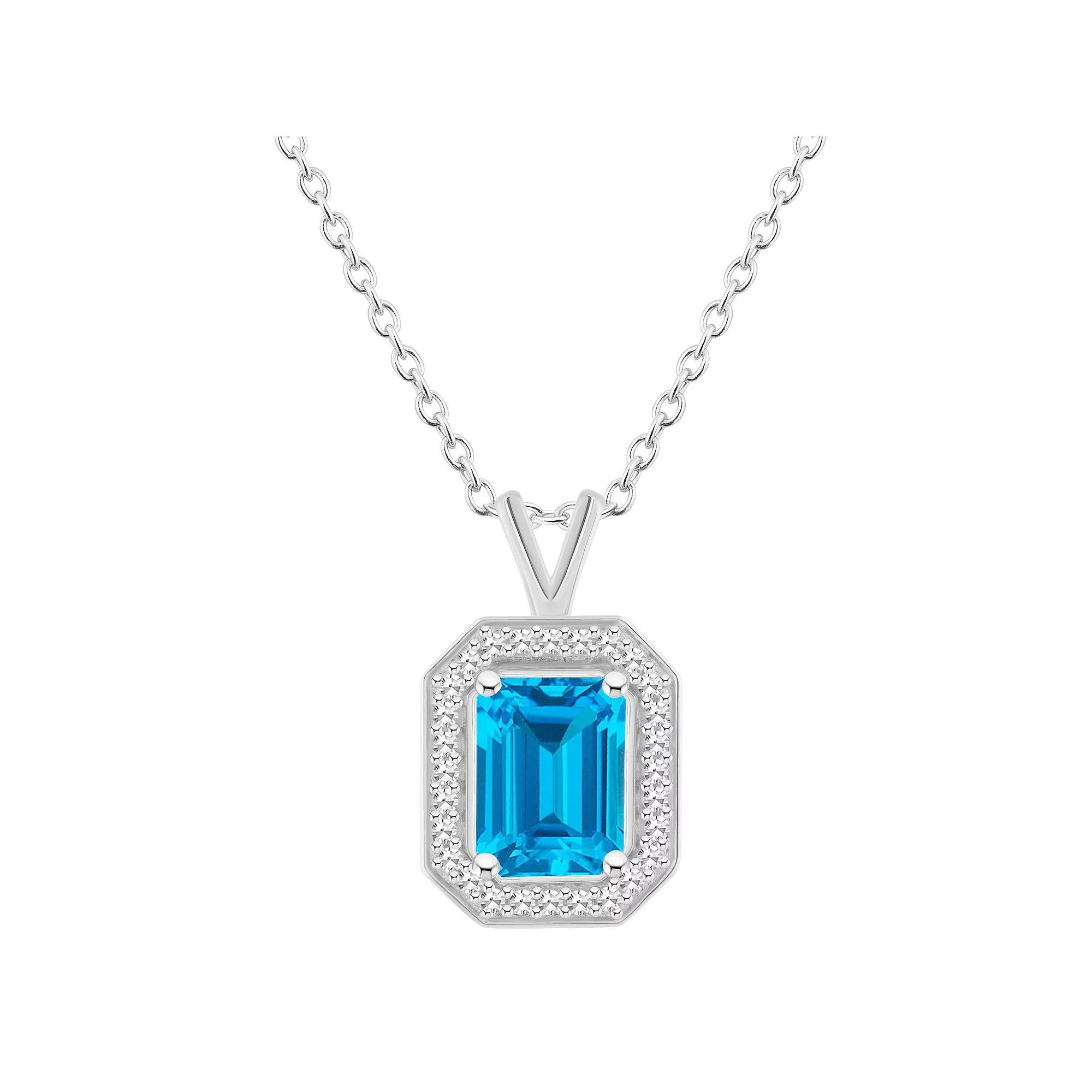 Celebration Gems Sterling Silver Emerald Cut Gemstone & 1/8 Carat T.W. Diamond Halo Pendant Necklace, Women's, Size: 18", Peridot Product Image