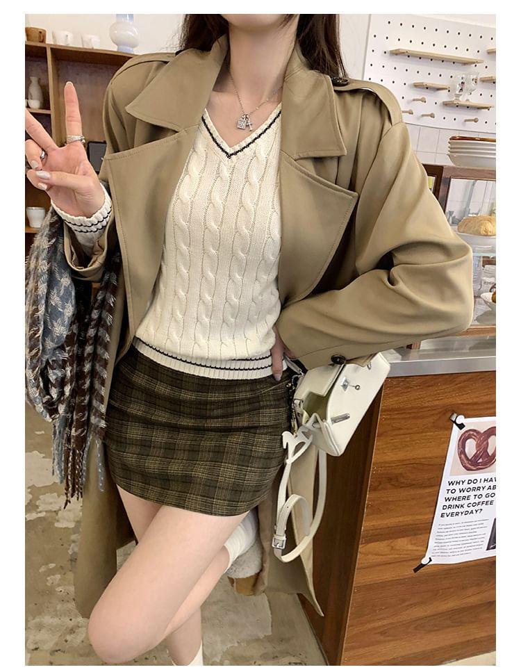 V-Neck Striped Cable Knit Sweater Product Image