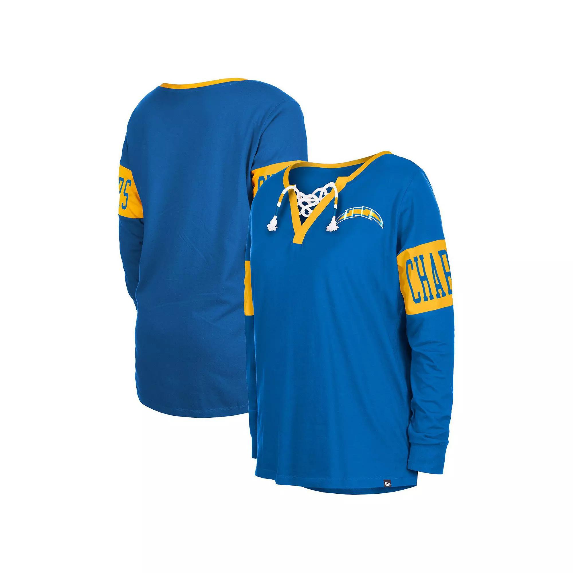Women's New Era Royal Los Angeles Chargers Lace-Up Notch Neck Long Sleeve T-Shirt, Size: Small, Blue Product Image