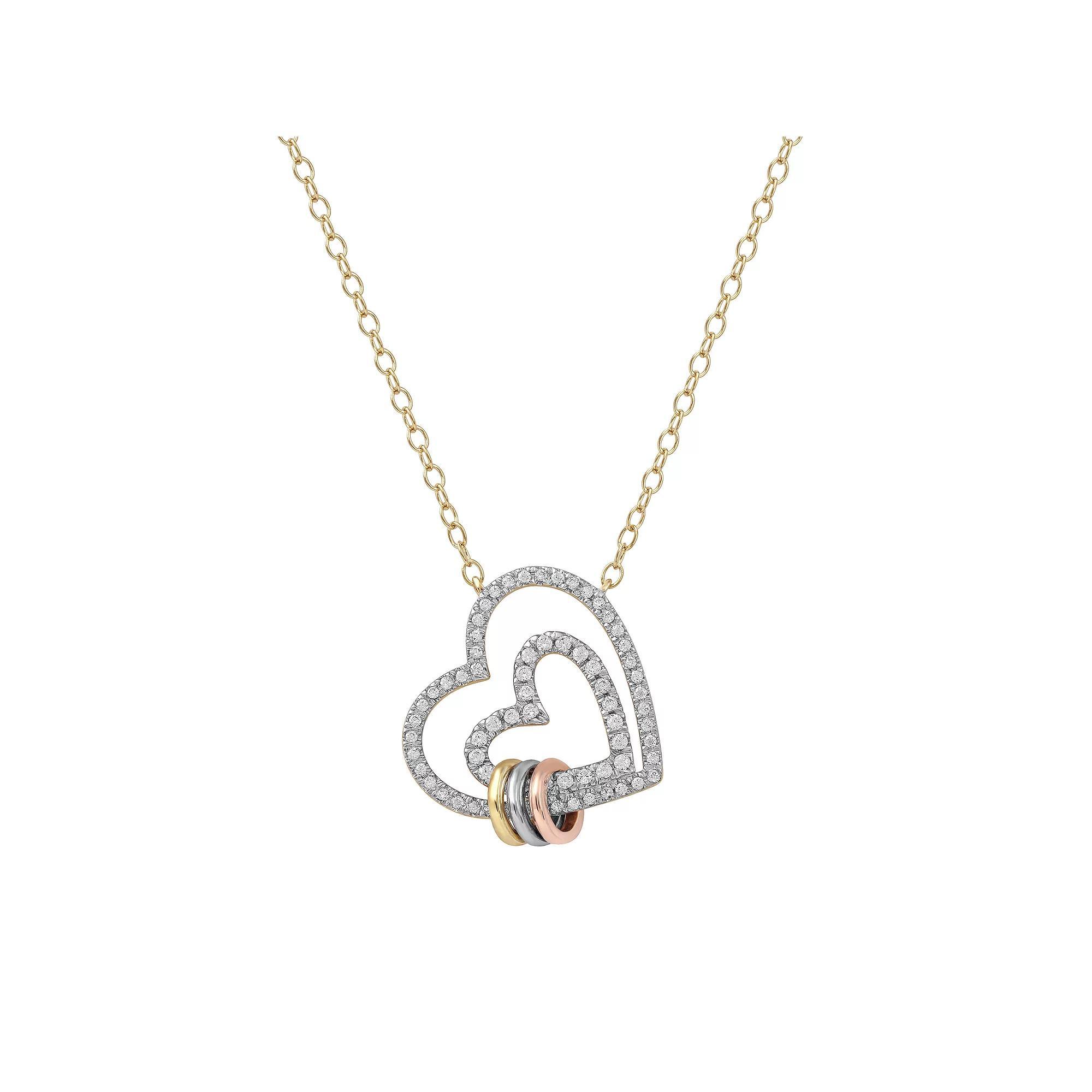 DeCouer Tri-Tone 1/4 Carat T.W. Diamond Double Heart Necklace, Women's, Size: 18", Silver Tone Product Image
