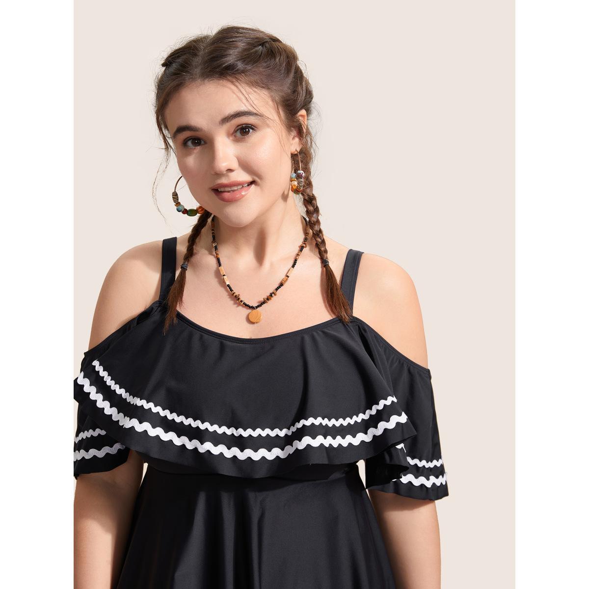 Plus Size One Shoulder Neck Woven Ribbon Swim Dress Women's Swimwear Black Beach Bodycon One-shoulder neck High stretch Curve Swim Dresses BloomChic 14-16/1X Product Image