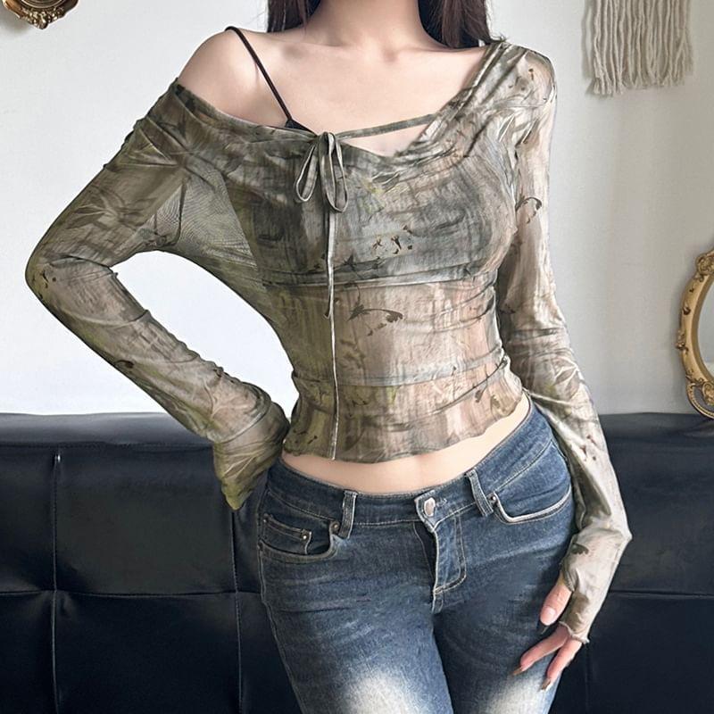 Long Sleeve Off Shoulder Tie Dye Cropped Top Product Image