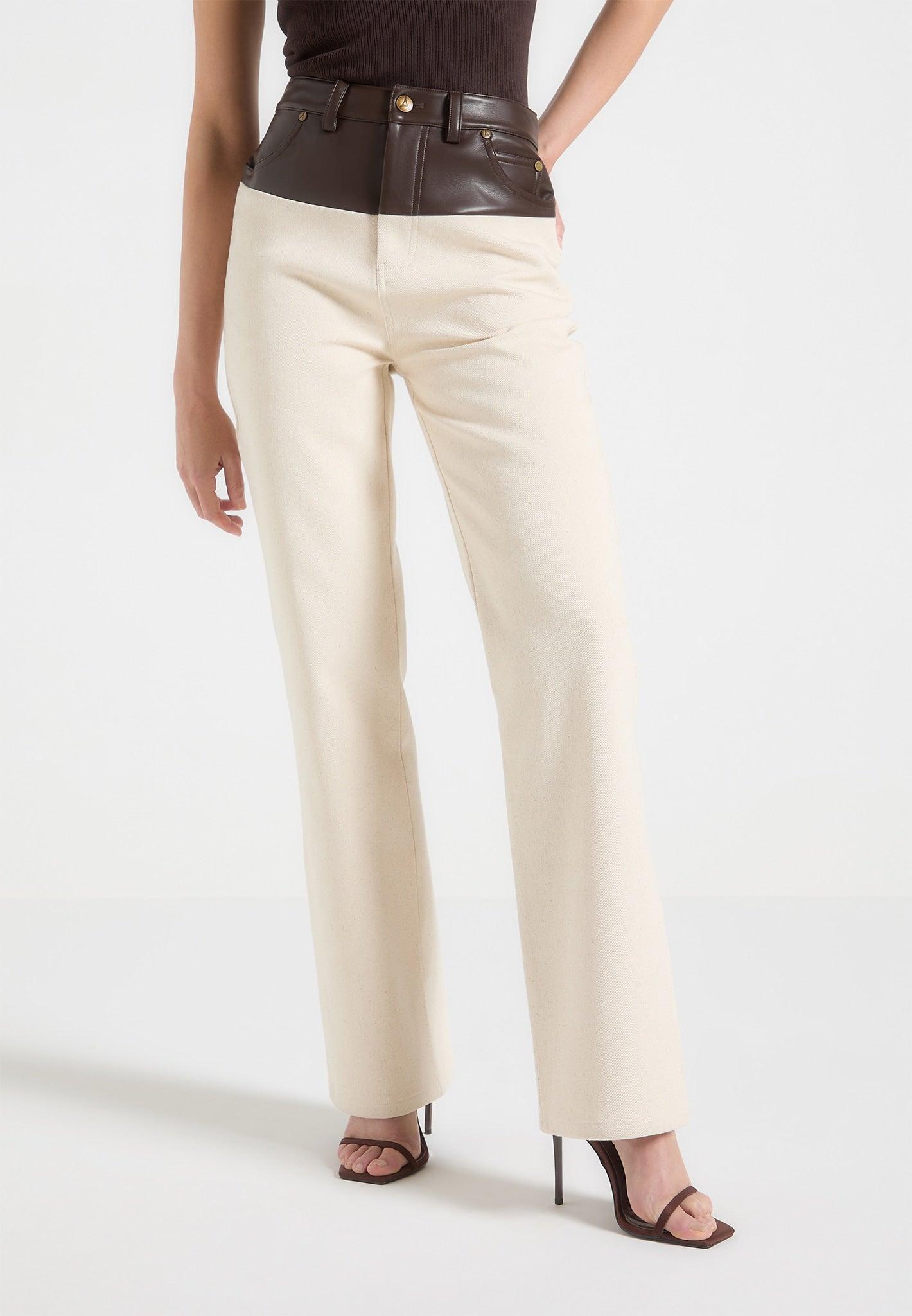 Renee - Leather & Denim Boyfriend Jeans - Cream/Brown Female Product Image