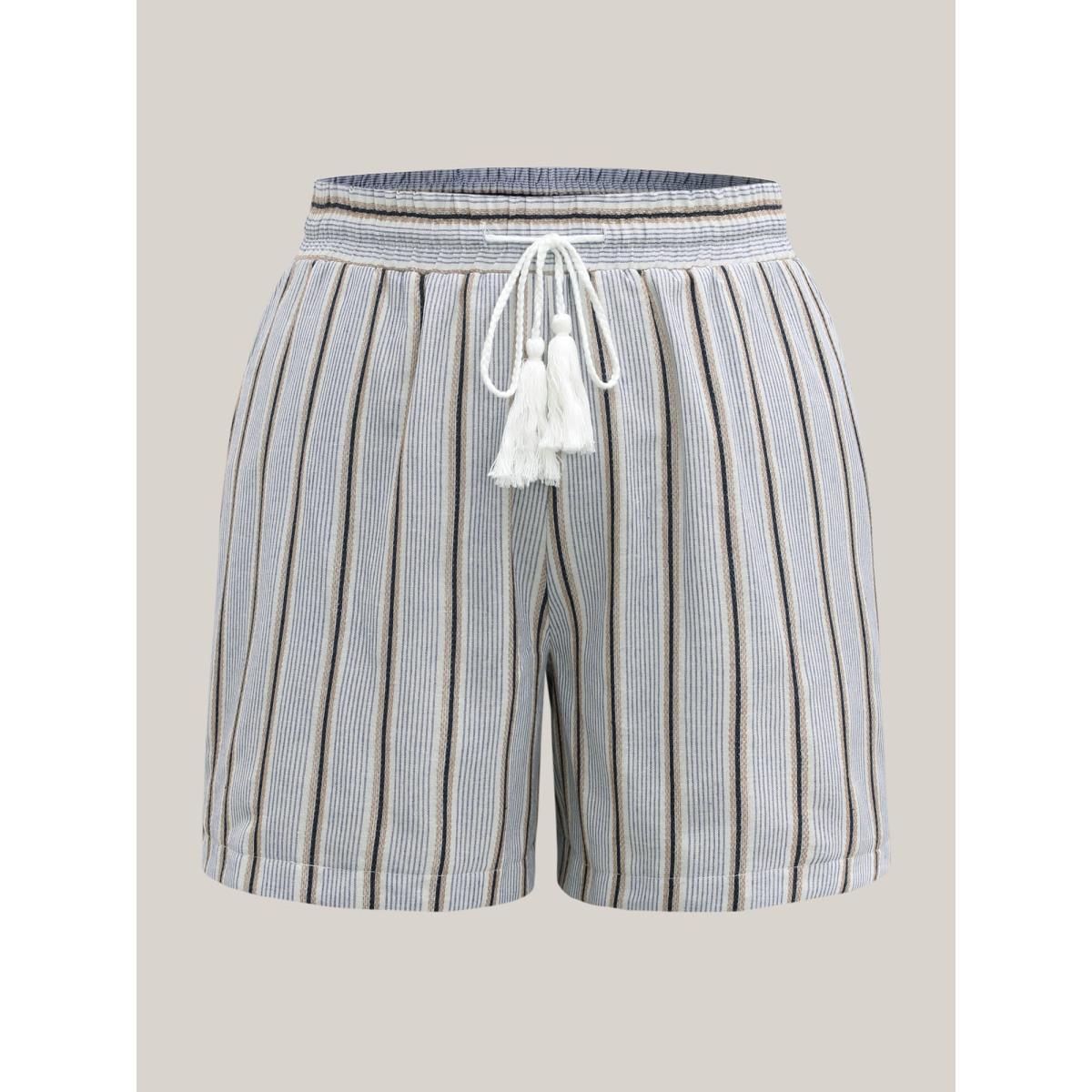 Plus Size Stripes Tassels Straight-Leg Shorts Women LightBlue Resort Drawstring Straight Leg Vacation Shorts BloomChic 12/L Product Image
