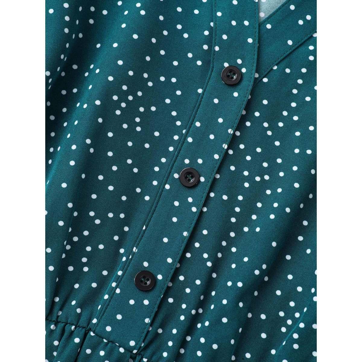 Plus Size Stretchy Waist Tied Pockets Printed Midi Dress Cyan Women At the Office Belted Flat collar Short sleeve Curvy BloomChic 26/4X Product Image