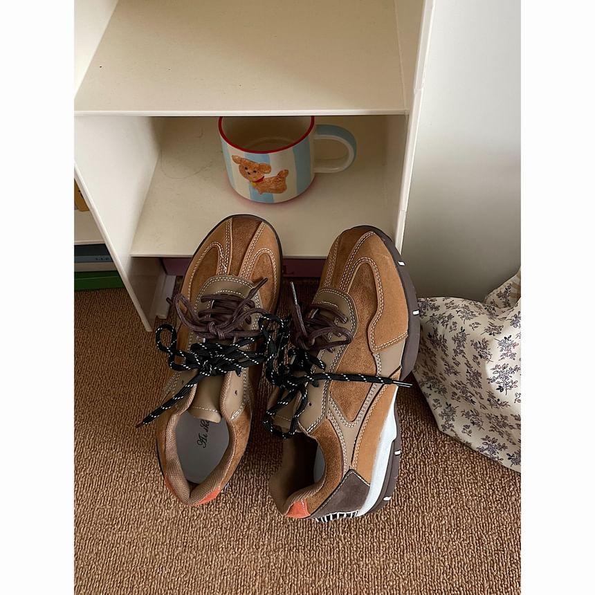Color Block Lace-Up Faux Leather Sneakers Product Image