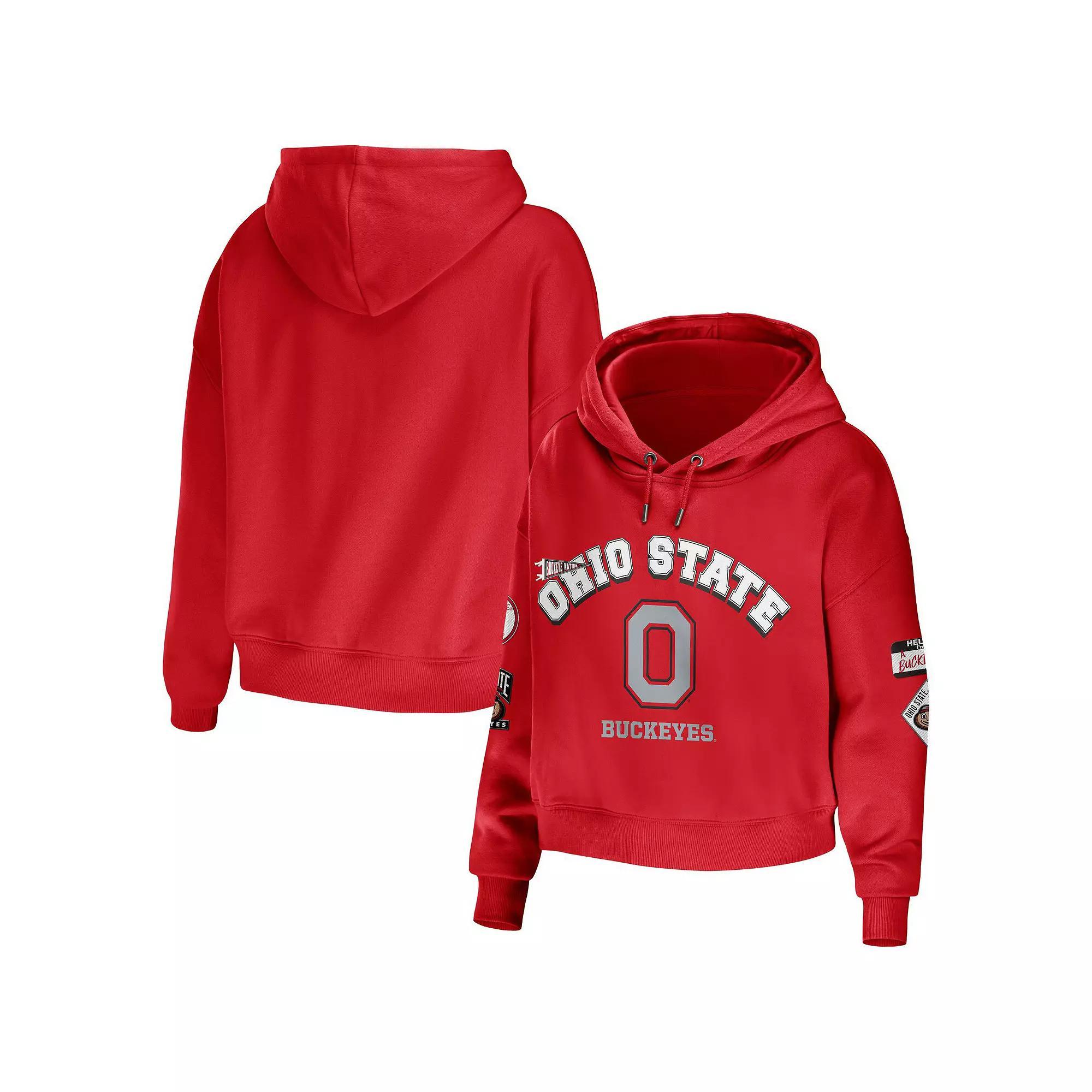 Women's WEAR by Erin Andrews Scarlet Ohio State Buckeyes Mixed Media Cropped Pullover Hoodie, Size: 2XL, Red Product Image