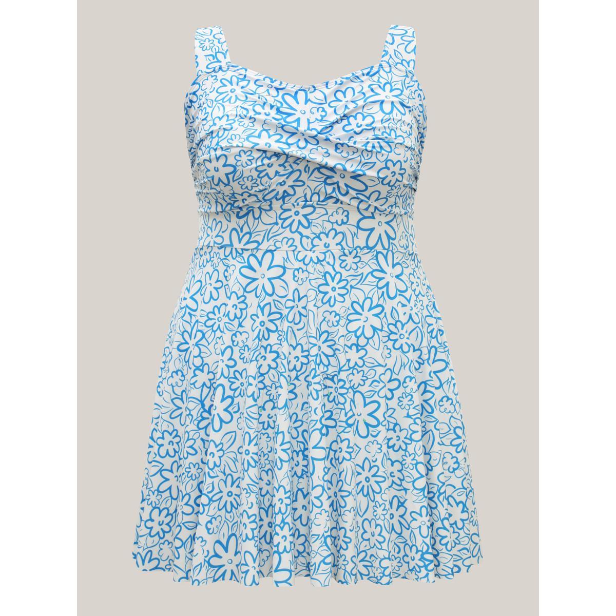 Plus Size Anti-Float Ties Twist Front Swim Dress Women's Swimwear Cerulean Beach Bodycon Heart neckline High stretch Curve Swim Dresses BloomChic 18-20/2X Product Image