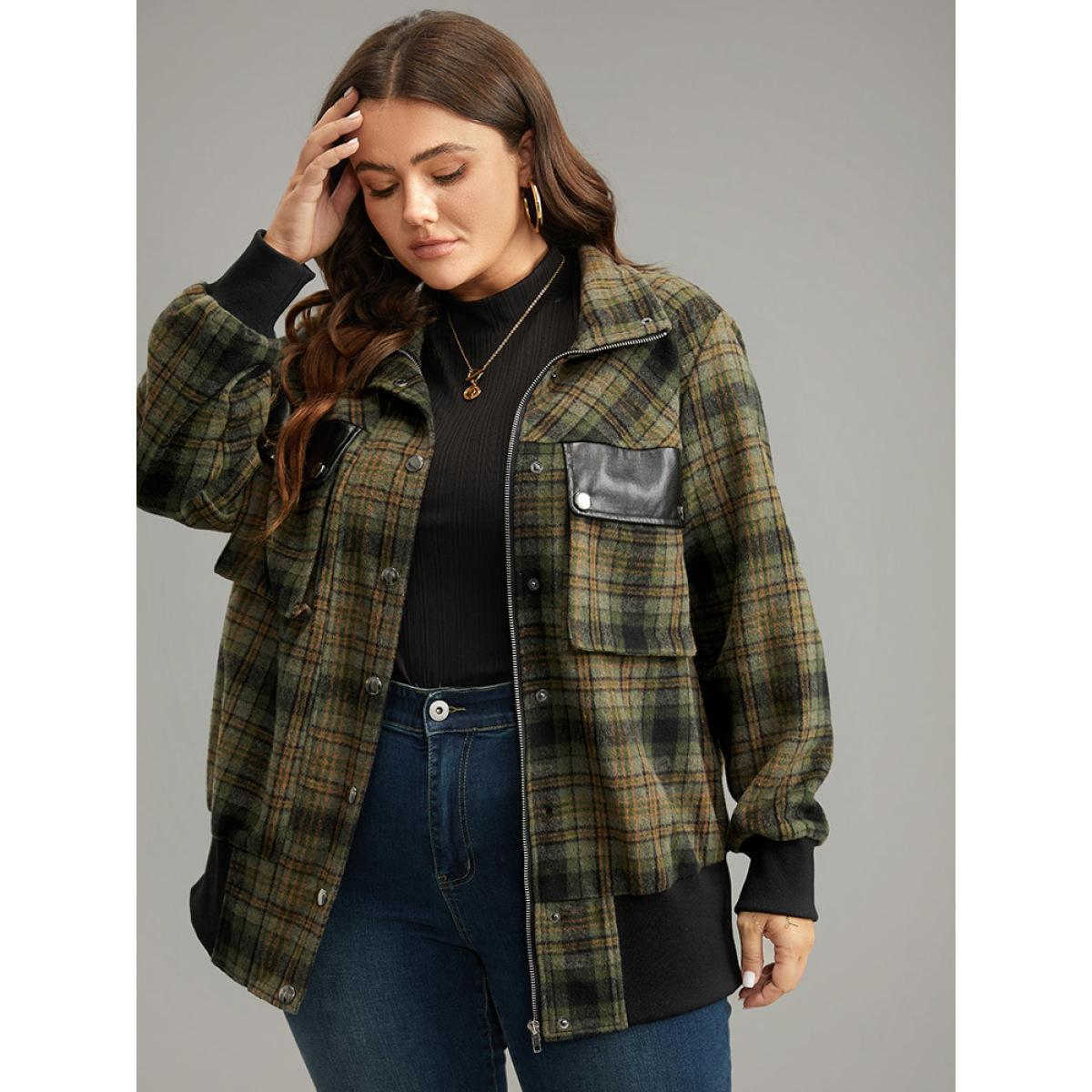 Plus Size Plaid Flap Pocket Zipper Fly Jacket Women Multicolor Elastic cuffs Pocket Dailywear Jackets BloomChic 18-20/2X Product Image