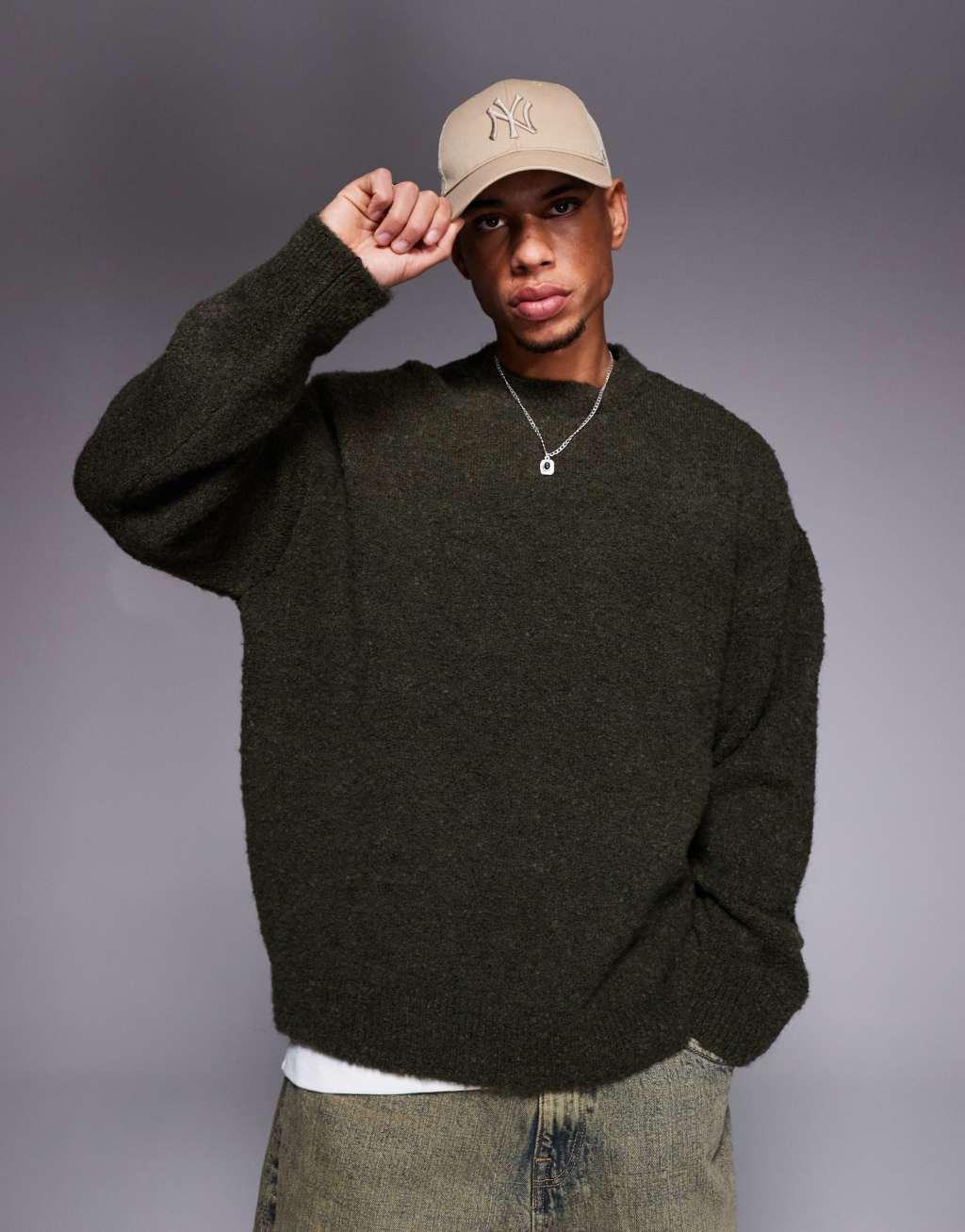 ASOS DESIGN oversized boxy fit textured knit crew neck sweater in olive Product Image