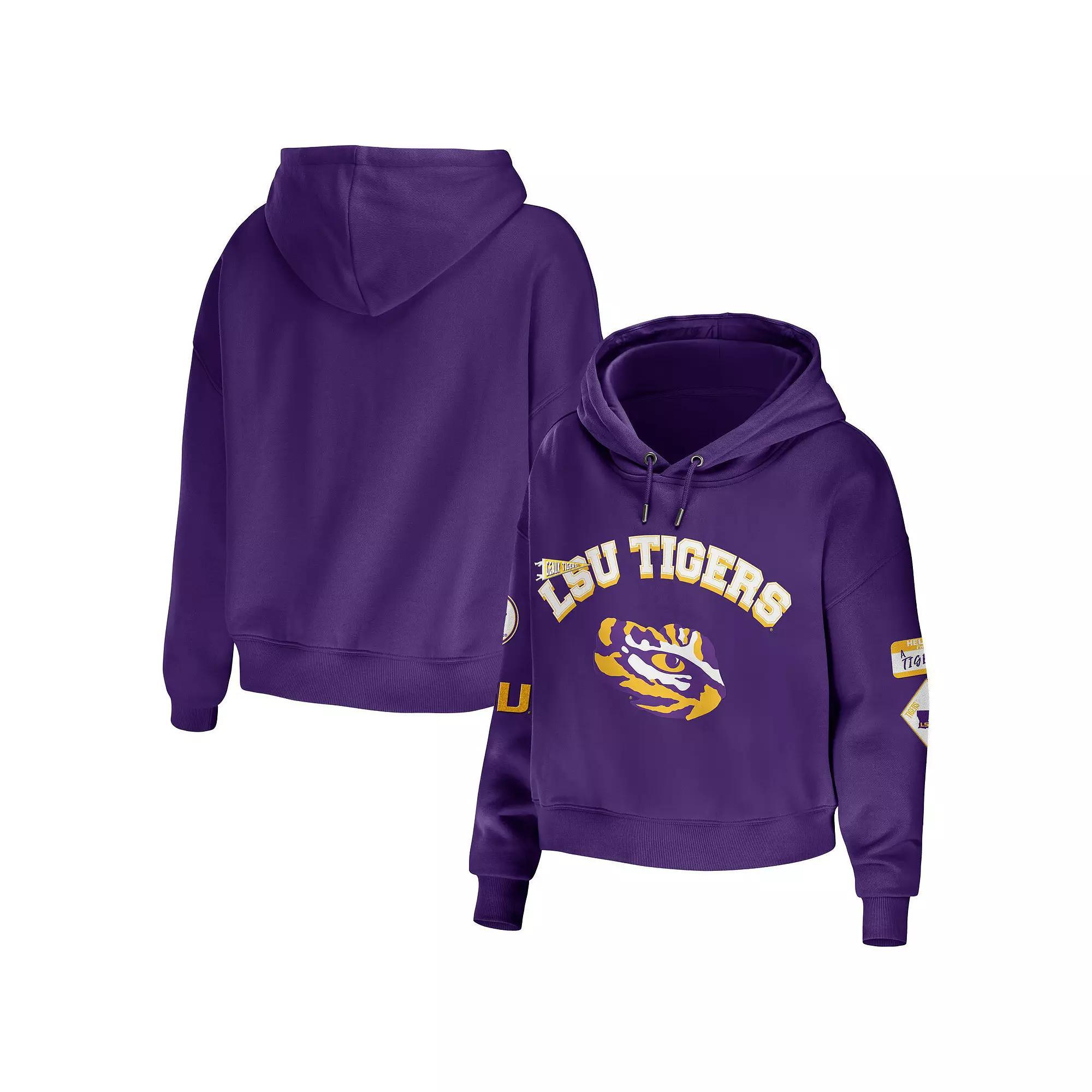 Women's WEAR by Erin Andrews Purple LSU Tigers Mixed Media Cropped Pullover Hoodie, Size: Large Product Image