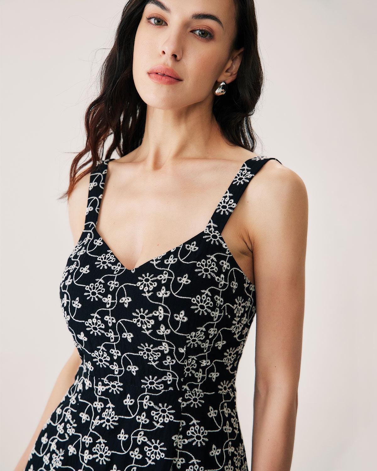 Black Floral Embroidery Slip Midi Dress Product Image