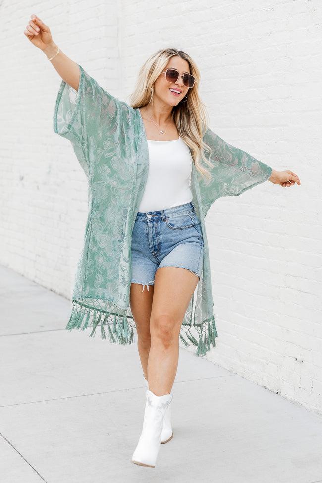 Unapologetically You Sage Velvet Floral Fringe Trim Kimono FINAL SALE Product Image