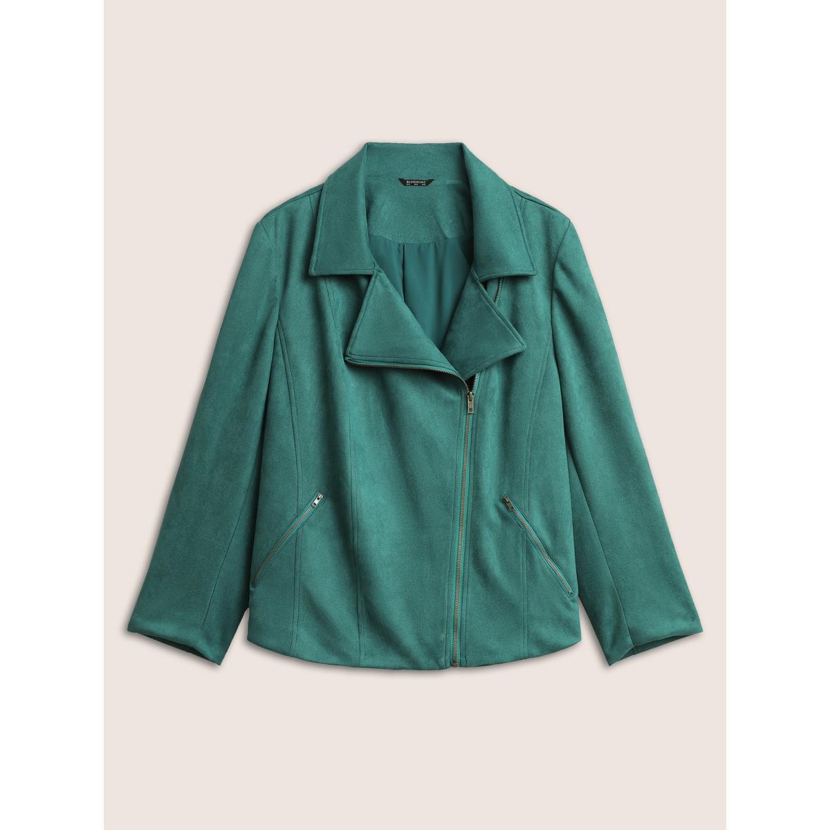 Plus Size Solid Faux Suede Zipper Lapel Collar Jacket Women Emerald Non Zippered pocket Everyday Jackets BloomChic 26/4X Product Image