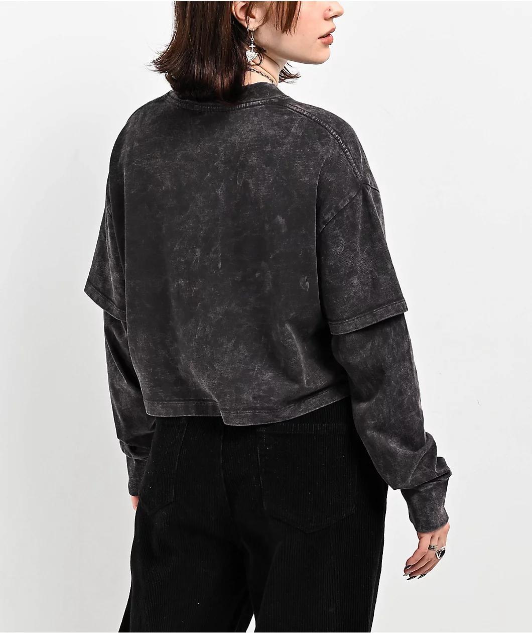 Ninth Hall Fundamentals Lonnie Black Wash Boxy 2fer Crop Long Sleeve T-Shirt Product Image