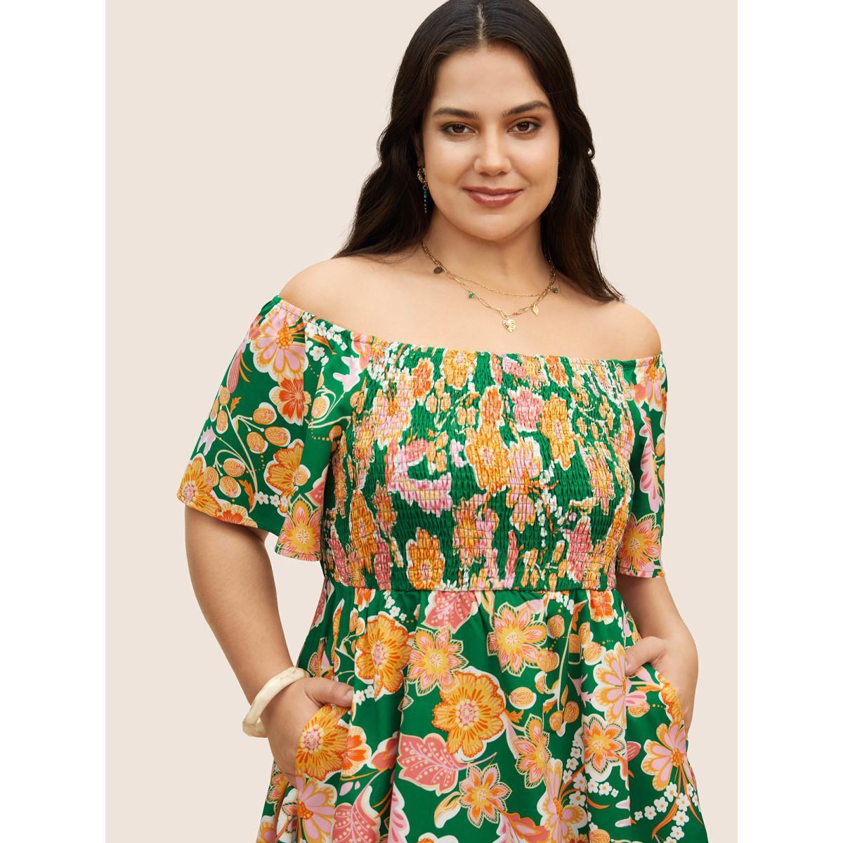 Plus Size Floral Shirred Off Shoulder Flutter Sleeve Dress Green Women Resort Shirred One-shoulder neck Short sleeve Curvy BloomChic 14-16/1X Product Image