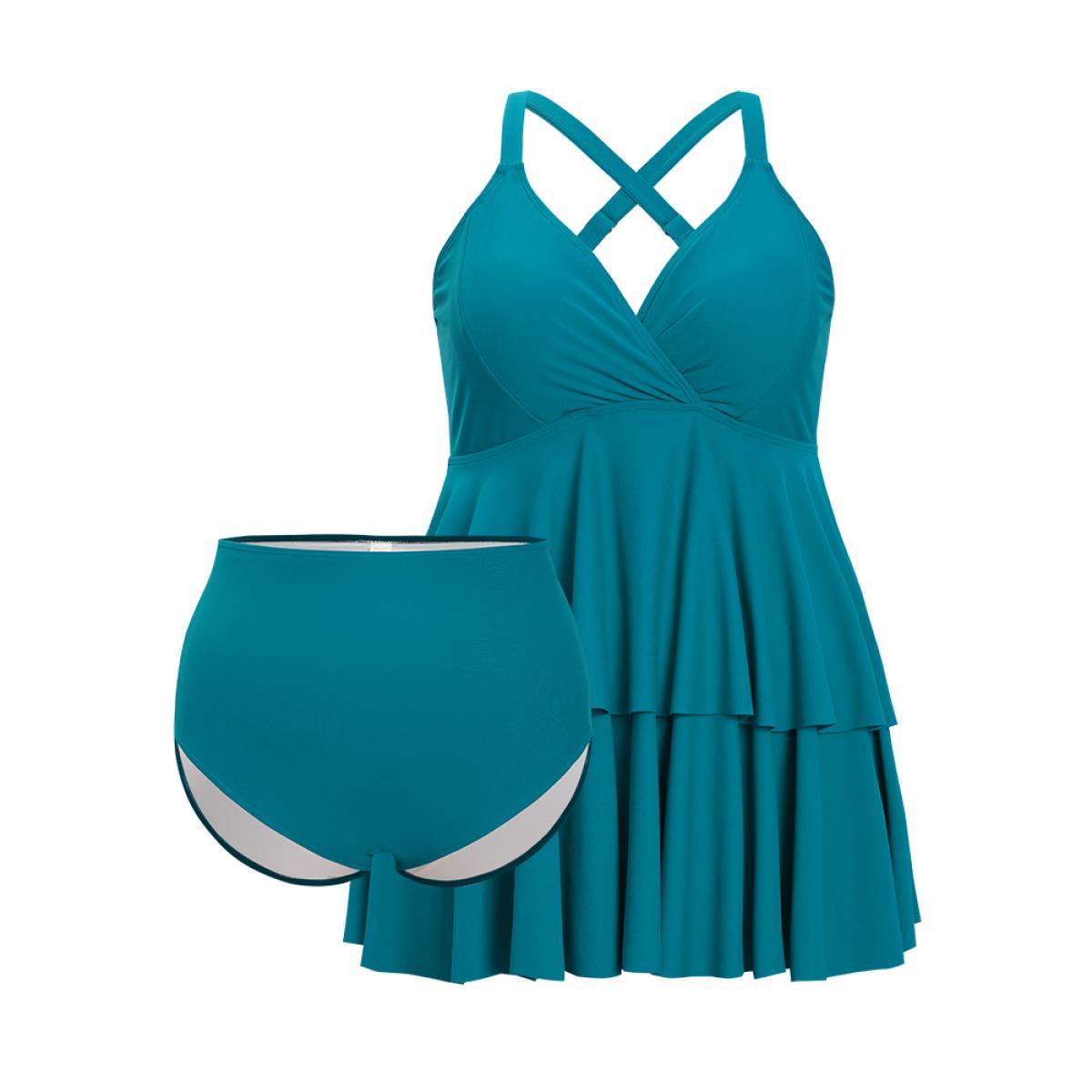 Plus Size Surplice Neck Ruffle Tiered Crossover Adjustable Straps Swim Dress Women's Swimwear Cerulean Vacation Bodycon V-neck High stretch Curve Swim Dresses BloomChic 14-16/1X Product Image