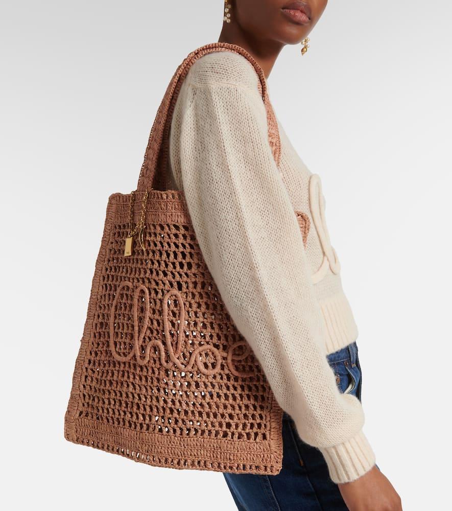 CHLOÉ Summer Banana Embellished Crocheted Embroidered Faux Raffia Tote In Beige Product Image