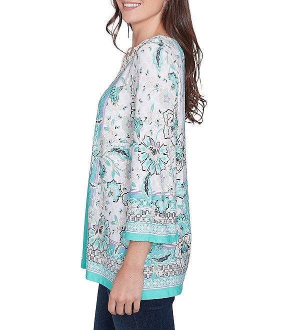 Ruby Rd. Crepe Knit Printed Lace Trim V-Neck 3/4 Sleeve Top Product Image
