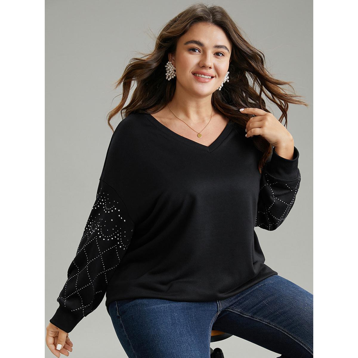 Plus Size Rhinestone Plain Drop Shoulder Sweatshirt Women Black Elegant Rib Knit V-neck Dailywear Sweatshirts BloomChic 14-16/1X Product Image
