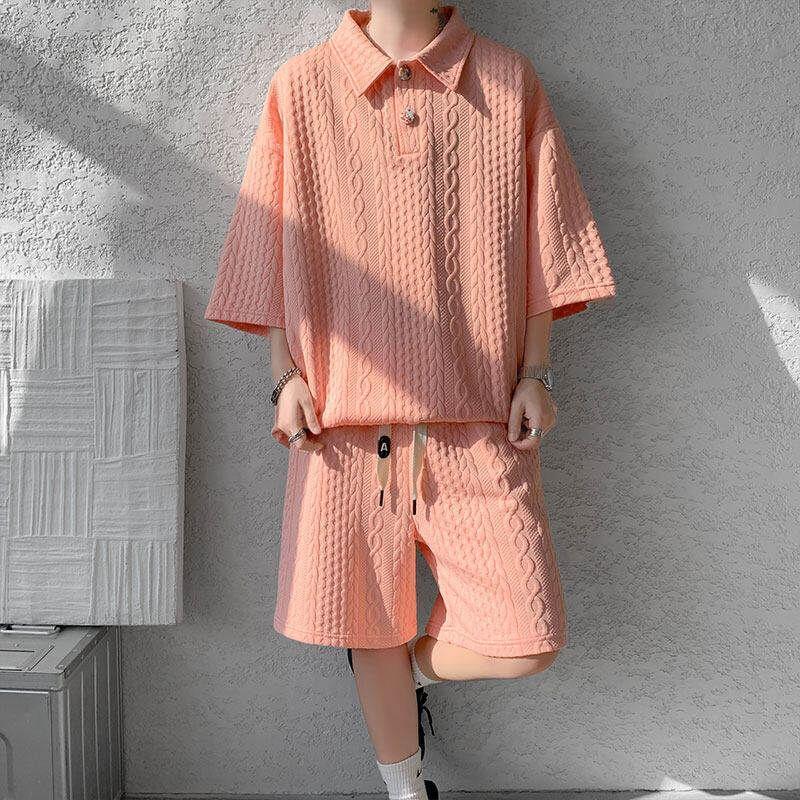 Set: 3/4-Sleeve Plain Polo Shirt + Drawstring Waist Sweat Shorts Product Image