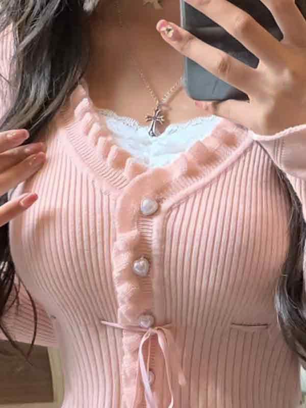 Ribbed Pearl Button Lace Up Long Sleeve Knit Product Image
