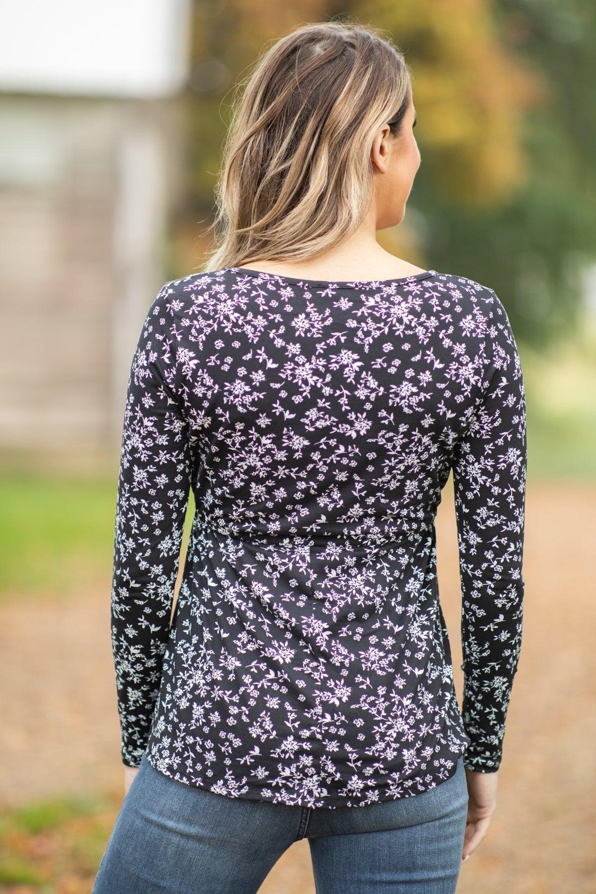 Black and White Tie Waist Floral Print Top Product Image