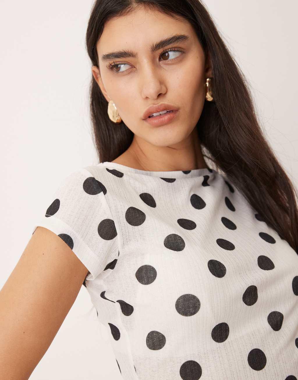 ASOS DESIGN polka dot dry handle rib slash neck top in white Product Image