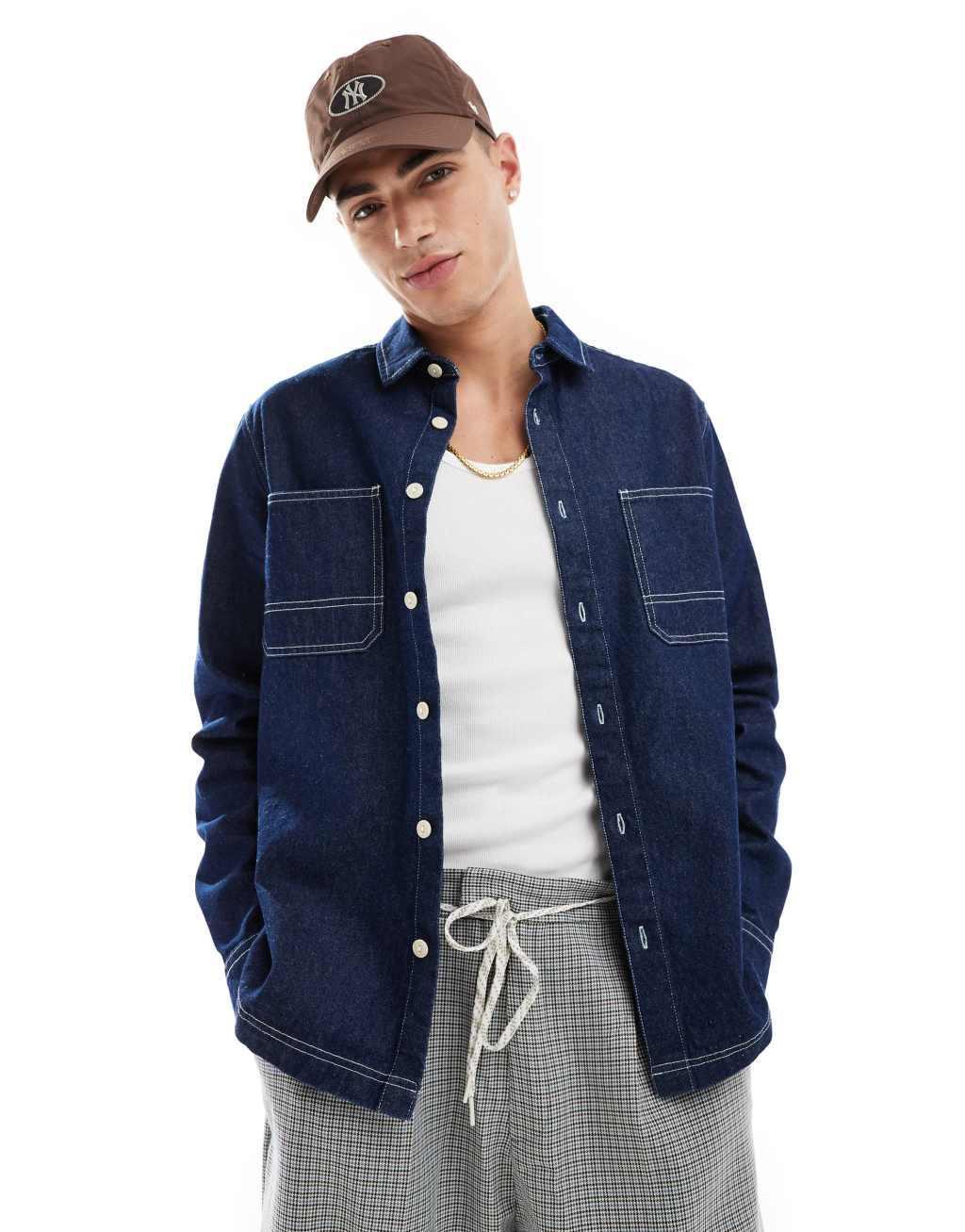 ASOS DESIGN relaxed denim shirt with top stitching in blue rinse wash  Product Image