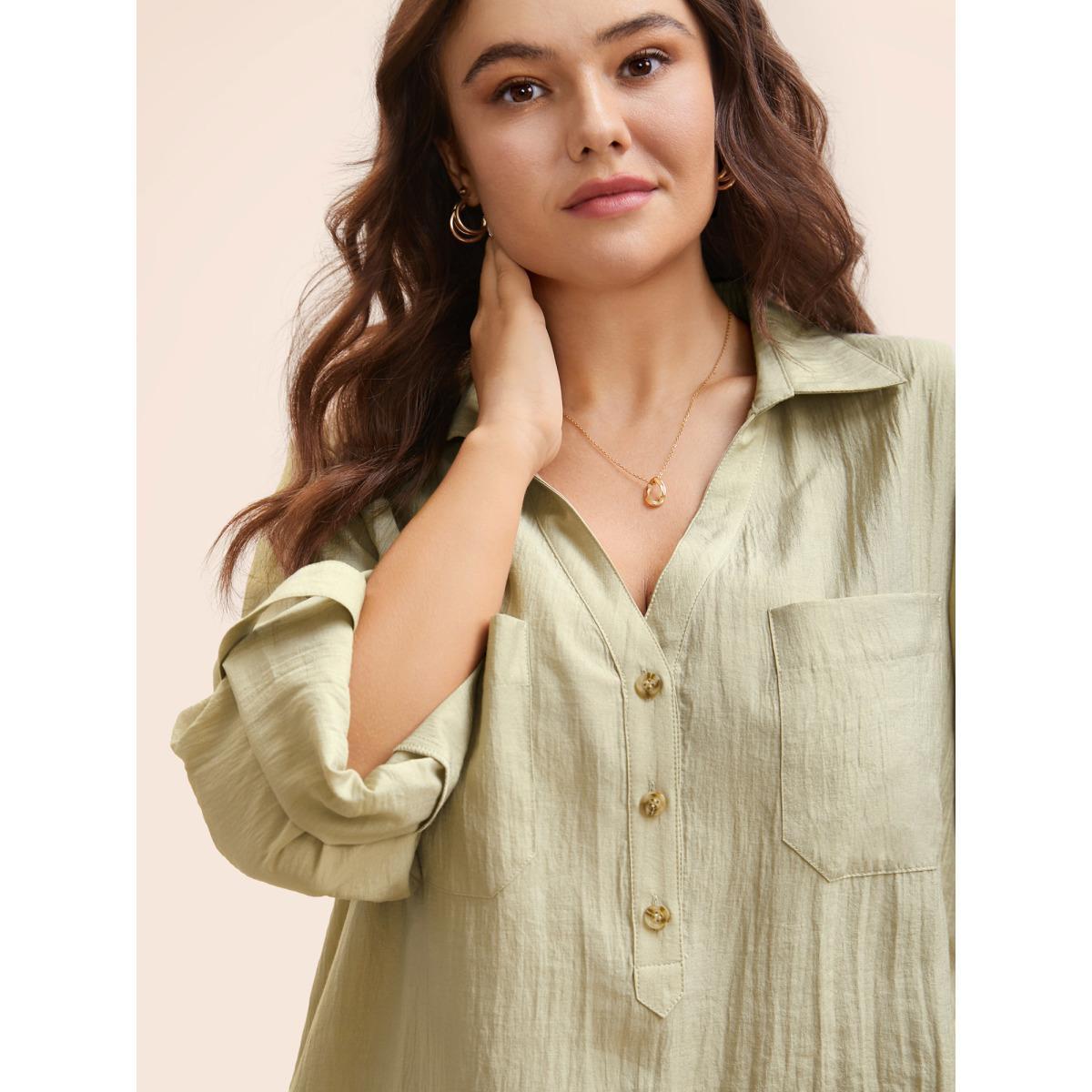 Plus Size Sage Solid Patched Pocket Tab Sleeve Blouse Women Elegant Long Sleeve V-neck Everyday Blouses BloomChic 10/M Product Image