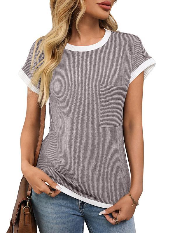 Loose Short Sleeves Colorful Contrast Color Pockets Round-neck T-Shirts Tops Product Image