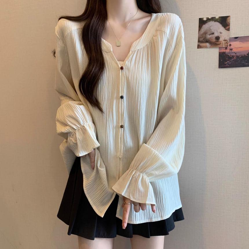 Long-Sleeve Notch Neck Plain Blouse Product Image