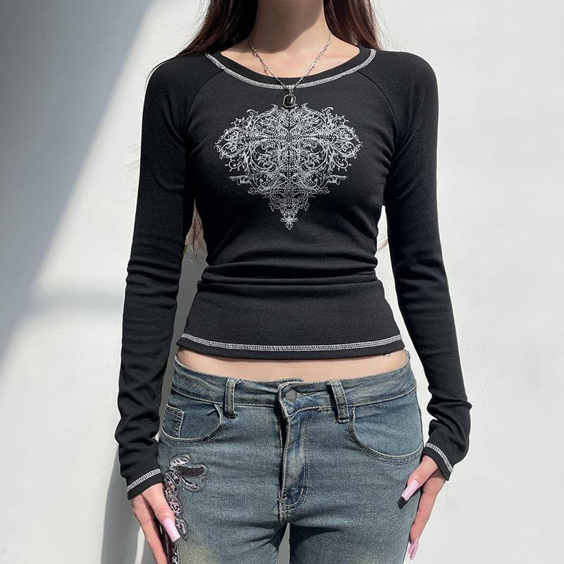 Long-Sleeve Scoop Neck Print Contrast Stitching Ribbed Slim Fit T-Shirt Product Image