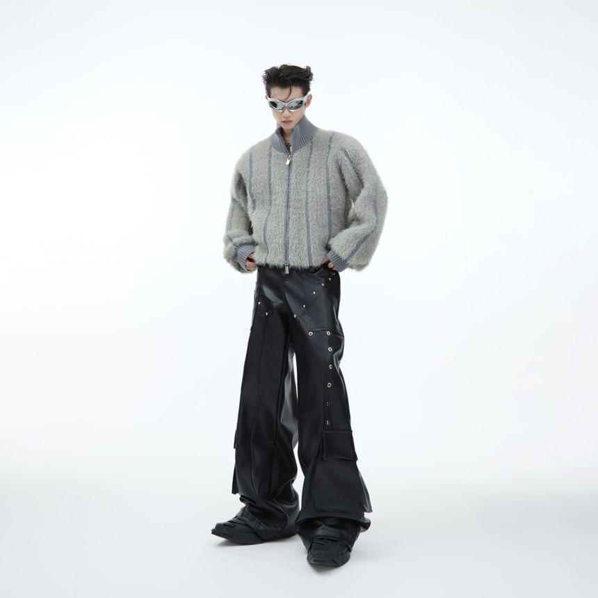 Mock Neck Striped Fluffy Zip Cardigan Product Image