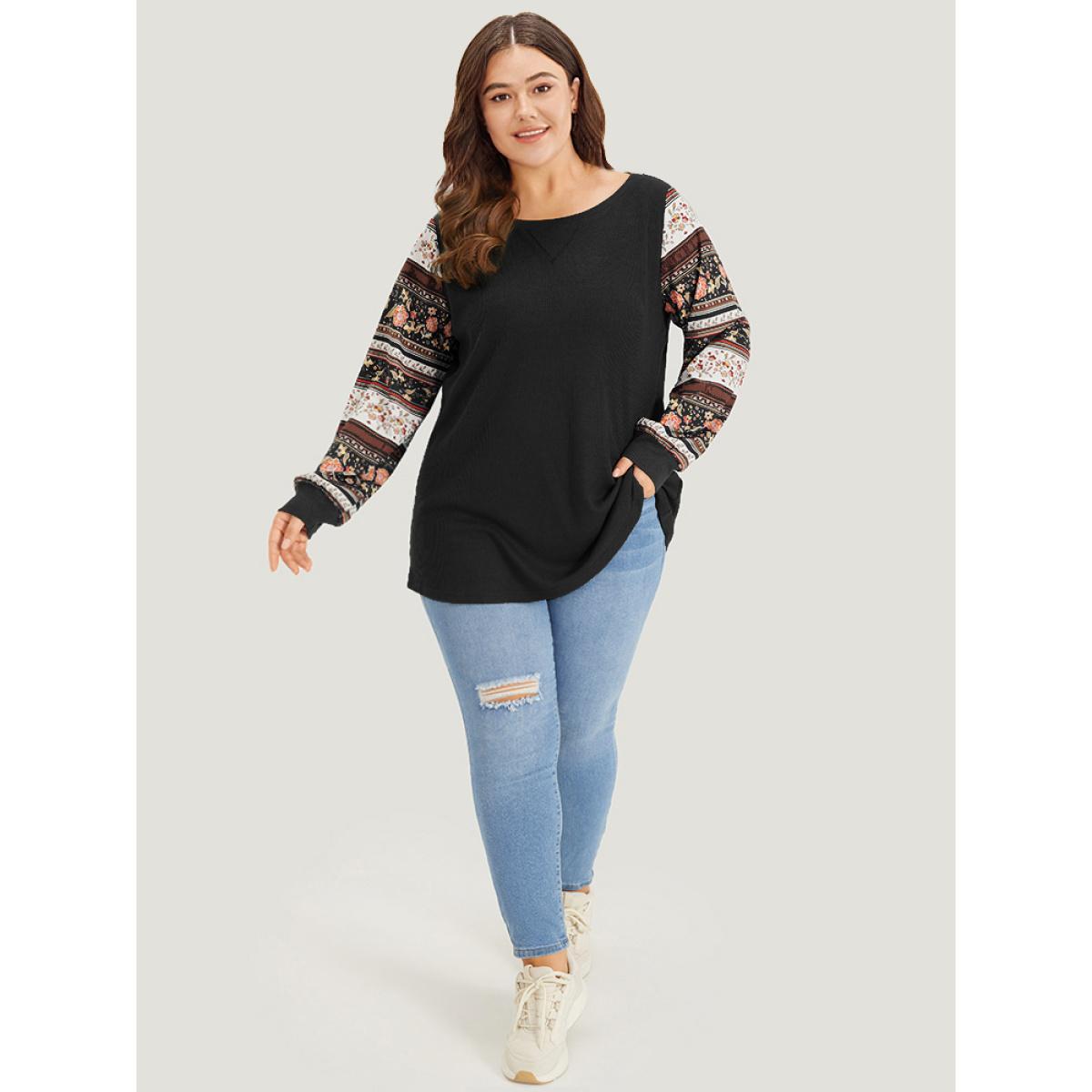 Plus Size Boho Print Patchwork Crew Neck Sweatshirt Women Black Casual Elastic cuffs Round Neck Everyday Sweatshirts BloomChic 28/5X Product Image