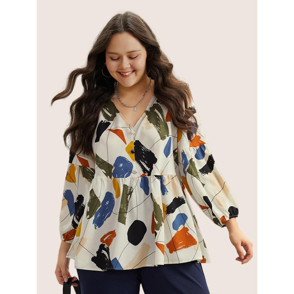 Plus Size Ivory Brush Print Button Detail Elastic Cuffs Blouse Women Casual Long Sleeve V-neck Everyday Blouses BloomChic 18-20/2X Product Image